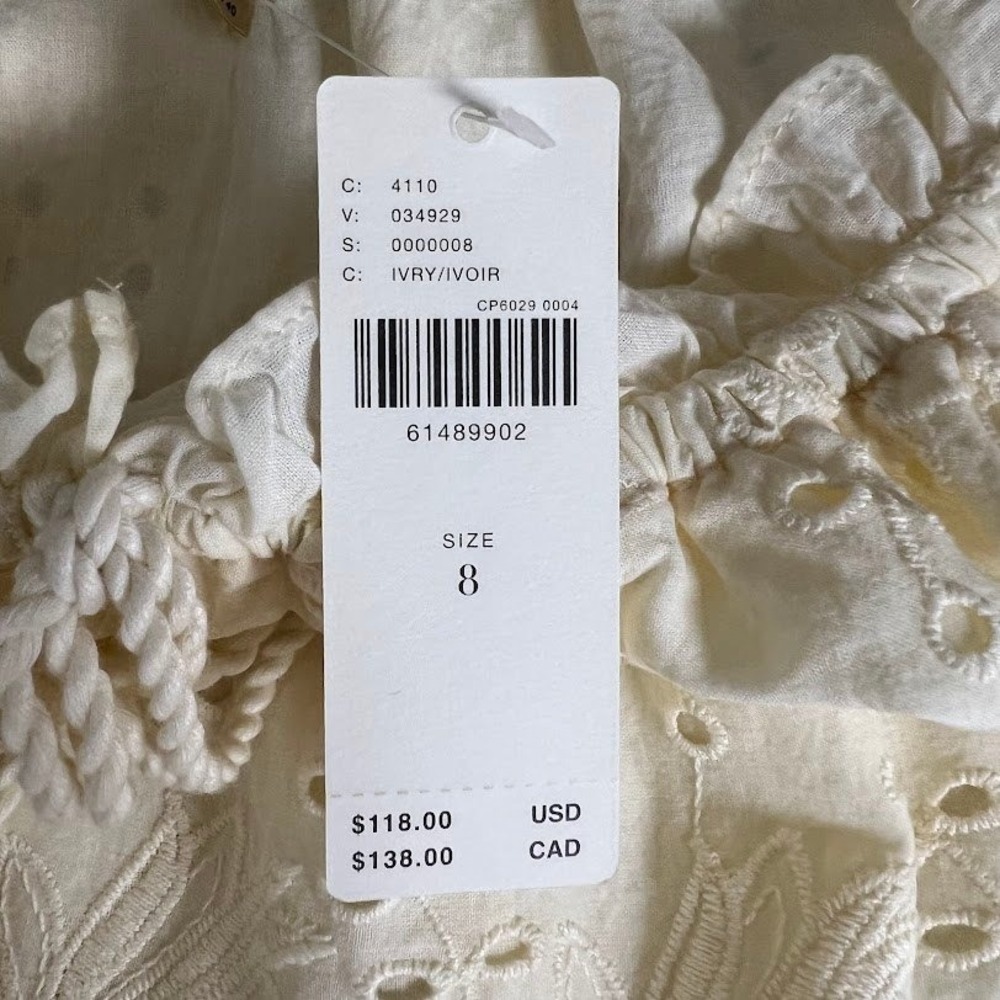 Anthropologie Worn Heart Eyelet Peasant Blouse Ivory Boho Cottagecore 8 NWT - Picture 9 of 11